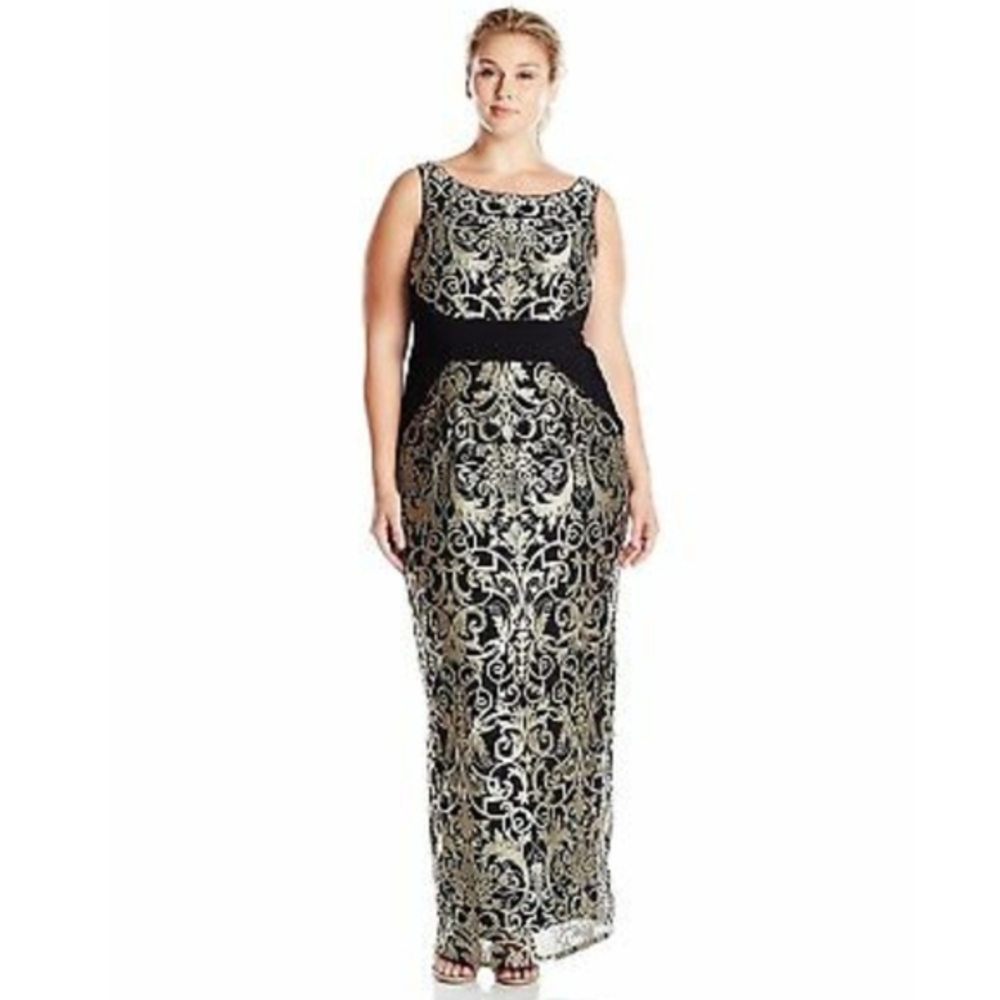 Adrianna Papell Black Gold scroll dress gown 10 20
